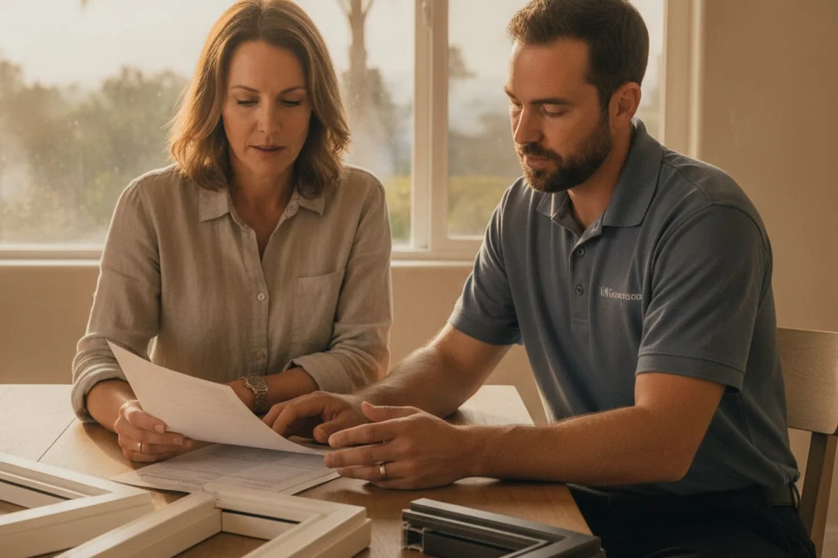 A homeowner reviewing window measurements at a San Diego kitchen table before ordering a replacement window